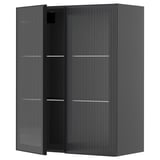 Dunkelgrauer METOD-Küchenschrank mit hejsta-Glastüren und vertikalem Schilfdesign. Schlanke Metallgriffe und verstellbare Regale im Inneren.