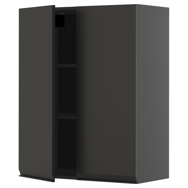 METOD schwarzer Wandschrank mit zwei Regalen, schlankem Design, integriertem Griff.