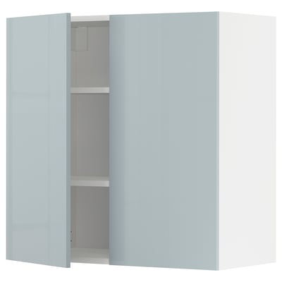 Hellblauer Küchenschrank, modernes Design, Hochglanz-Finish, rechteckige Form, mit einem sichtbaren Regal im Inneren.