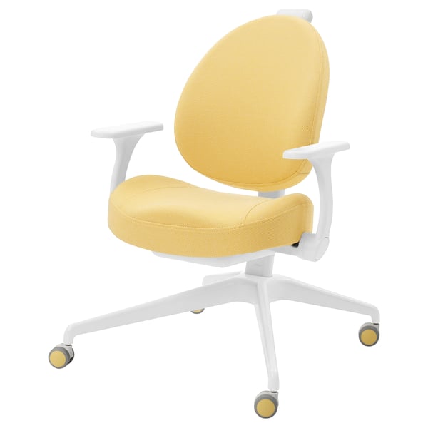 Ein gelber MICKE Bürostuhl mit weißem Gestell und Armlehnen. Es ist verstellbar, ergonomisch und hat fünf Räder.
