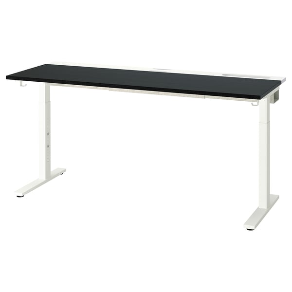 MITTZON Schreibtisch: schlanke schwarze Platte, weiße Basis, höhenverstellbar, modernes minimalistisches Design.