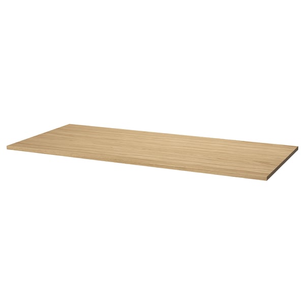 Mitttzon, rechteckiger Schreibtisch, Eichen-Finish, Spanplatte, minimalistisches Design.