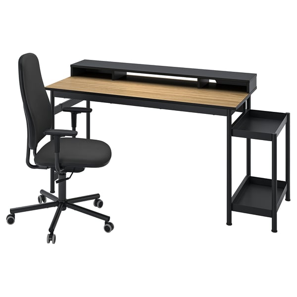 Schwarzes Büro-Set: Schreibtisch, Seitenablage, Rollstuhl. Modernes, ergonomisches Design, Holzplatte.