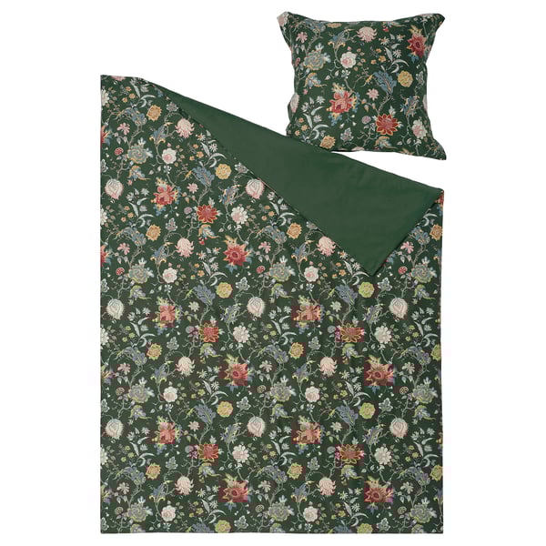 NÄSSELKLOCKA dunkelgrünes Set aus Blumenbettbezug und Kissenbezug, elegantes Satingewebe, reiches Blumenmuster, Reißverschluss.