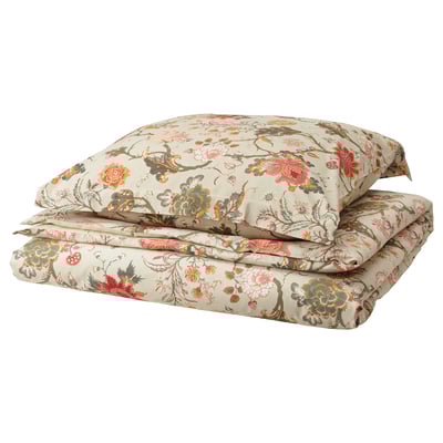Blumenbettwäsche-Set: NÄSSELKLOCKA, hellbeige, Baumwolle/Viskose, rechteckig, Reißverschluss, detaillierter Blumendruck.