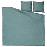 Kieferngrün gestreifte Bettwäsche aus Satin, mit Bettbezug und Kissenbezügen; elegant, weich, glänzend.