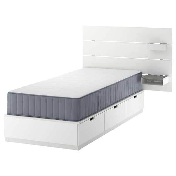 NORDLI Bett: schlankes Weiß mit blauer Matratze, integrierter Stauraum, modernes Design.