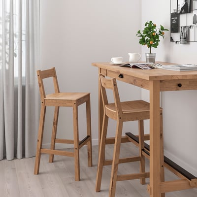 Minimalistisches Bar-Setup mit NORDVIKEN Hockern und Tisch aus Holz. Leichtes, gebogenes Design.
