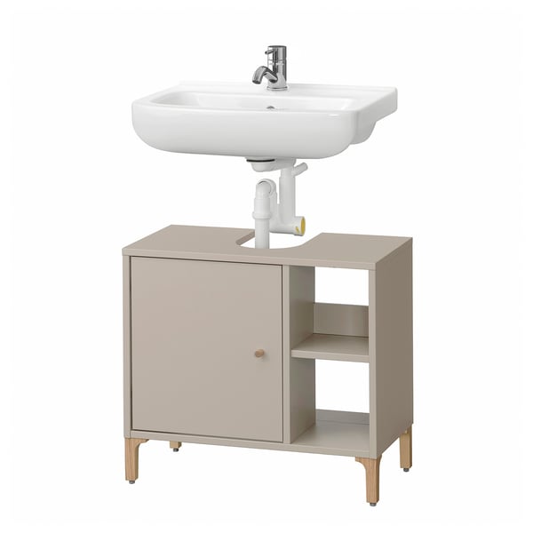 Der Waschtisch NORSÄLVEN ist ein beiger Schrank mit weißem Waschbecken und verchromtem Wasserhahn, ideal für kleine Badezimmer.