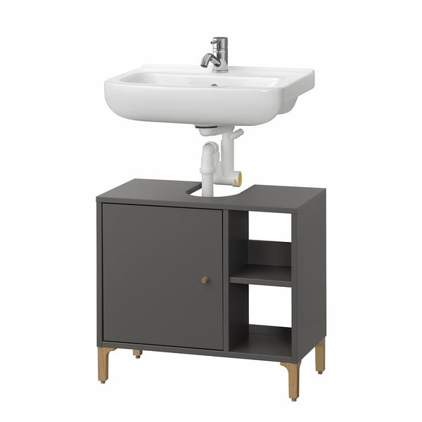 Moderner grauer Badezimmerschrank, weißes Waschbecken, verchromte Armatur, Holzbeine.