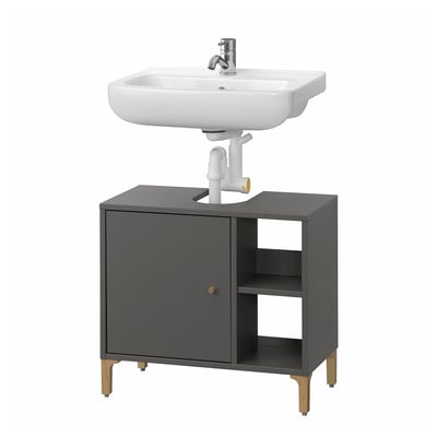 Moderner grauer Badezimmerschrank, weißes Waschbecken, verchromte Armatur, Holzbeine.