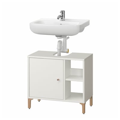 NORSÄLVEN: weißer Waschbeckensockel mit Schrank, verchromte Armatur, Holzbeine für kleine Bäder.