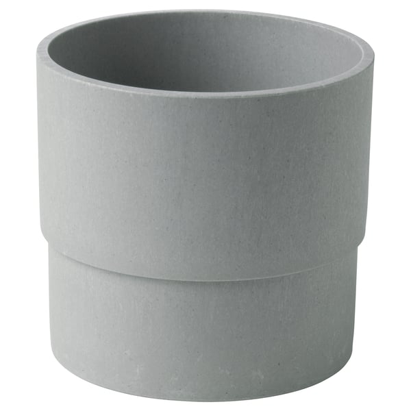 Ein graues NYPON-Pflanzgefäß aus recyceltem Kunststoff, das wie Beton aussieht, eine zylindrische Form hat und eine glatte Oberfläche hat.