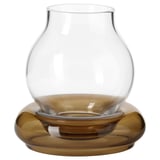 Mmjänge Teelichthalter, klare Glasplatte, brauner Sockel, runde Form, schwedisches Volkskunstdesign.