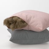 Stapel von zwei Kissen, von denen eines offen ist und braune Füllstoffe und weiche, recycelte Materialien zeigt.
