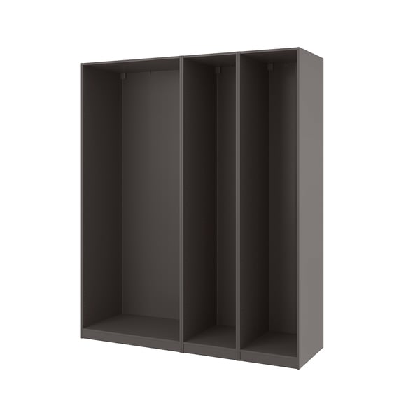 Ikea PAX Schrankrahmen: modern grau, rechteckig, offen, mit dunklem Interieur, Faserplatten und Spanplatten.