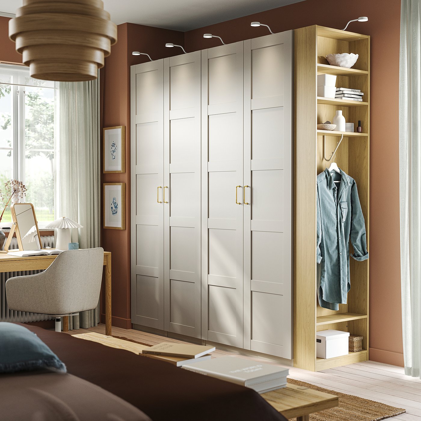 Thumbnail - IKEA PAX / BERGSBO Schrankkombination graubeige graubeige/Eichenachbildung 220x60x236 cm