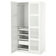 Option: Ein weißer PAX-Kleiderschrank mit Glastüren, mehreren Schubladen und Fächern.