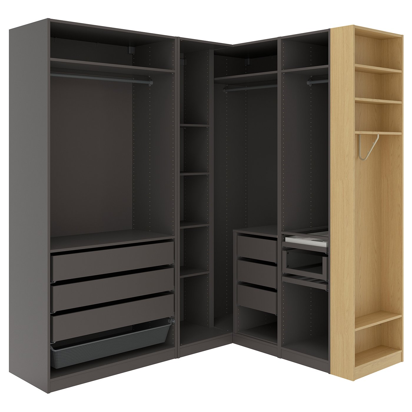 IKEA PAX Eckkleiderschrank dunkelgrau dunkelgrau/Eichenachbildung 231/161x236 cm