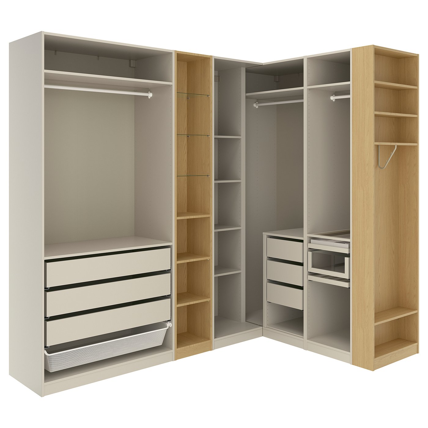 IKEA PAX Eckkleiderschrank graubeige graubeige/Eichenachbildung 231/196x236 cm