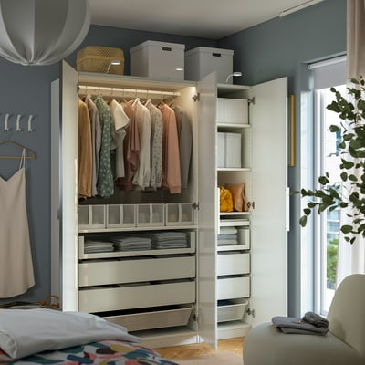 PAX / FARDAL/ÅHEIM Schrankkombination, weiß/Hochglanz/weiß Spiegelglas, 150x60x201 cm