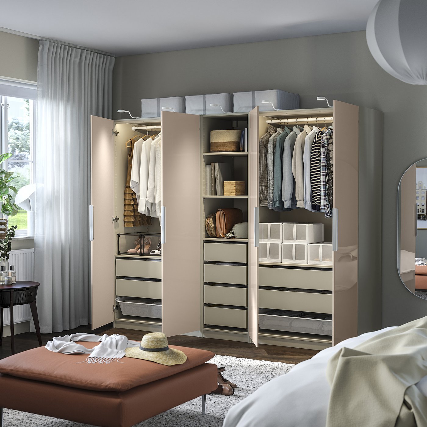 Thumbnail - IKEA PAX / FARDAL Schrankkombination graubeige/Hochglanz hellorange 250x60x201 cm