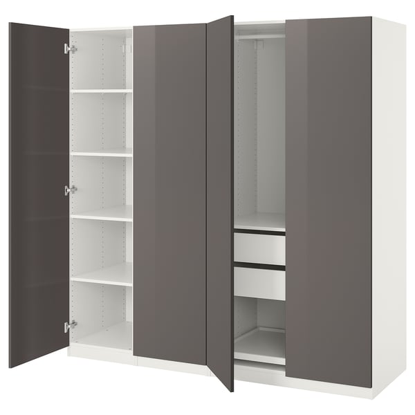 Ikea PAX Kleiderschrank in Grau mit weißem Interieur, offenen Türen mit Regalen und Schubladen, modernes, minimalistisches Design.