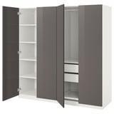 Ikea PAX Kleiderschrank in Grau mit weißem Interieur, offenen Türen mit Regalen und Schubladen, modernes, minimalistisches Design.