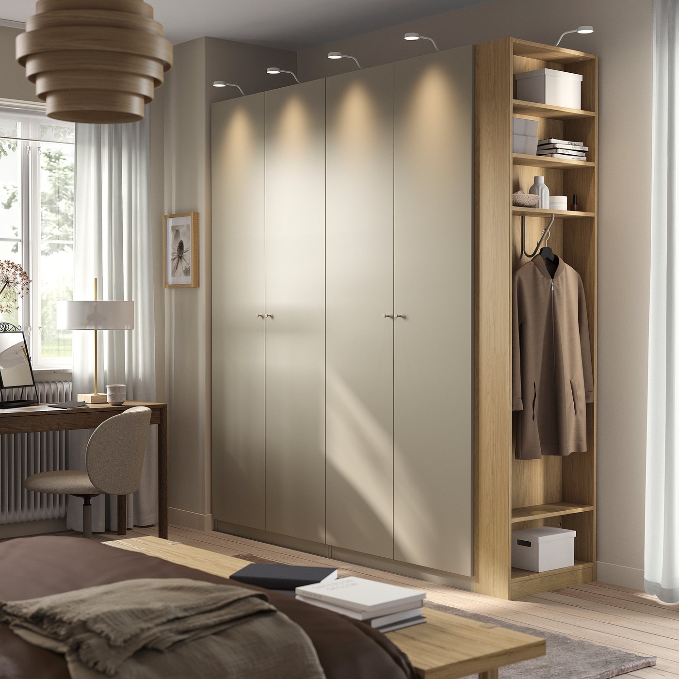 Thumbnail - IKEA PAX / FORSAND Schrankkombination graubeige graubeige/Eichenachbildung 220x60x236 cm
