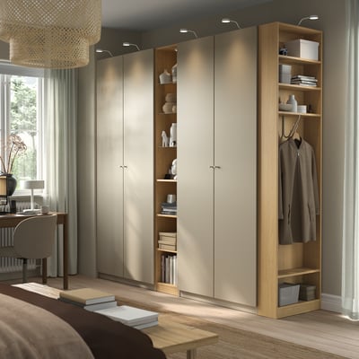 PAX / FORSAND Schrankkombination, graubeige graubeige/Eichenachbildung, 255x60x236 cm