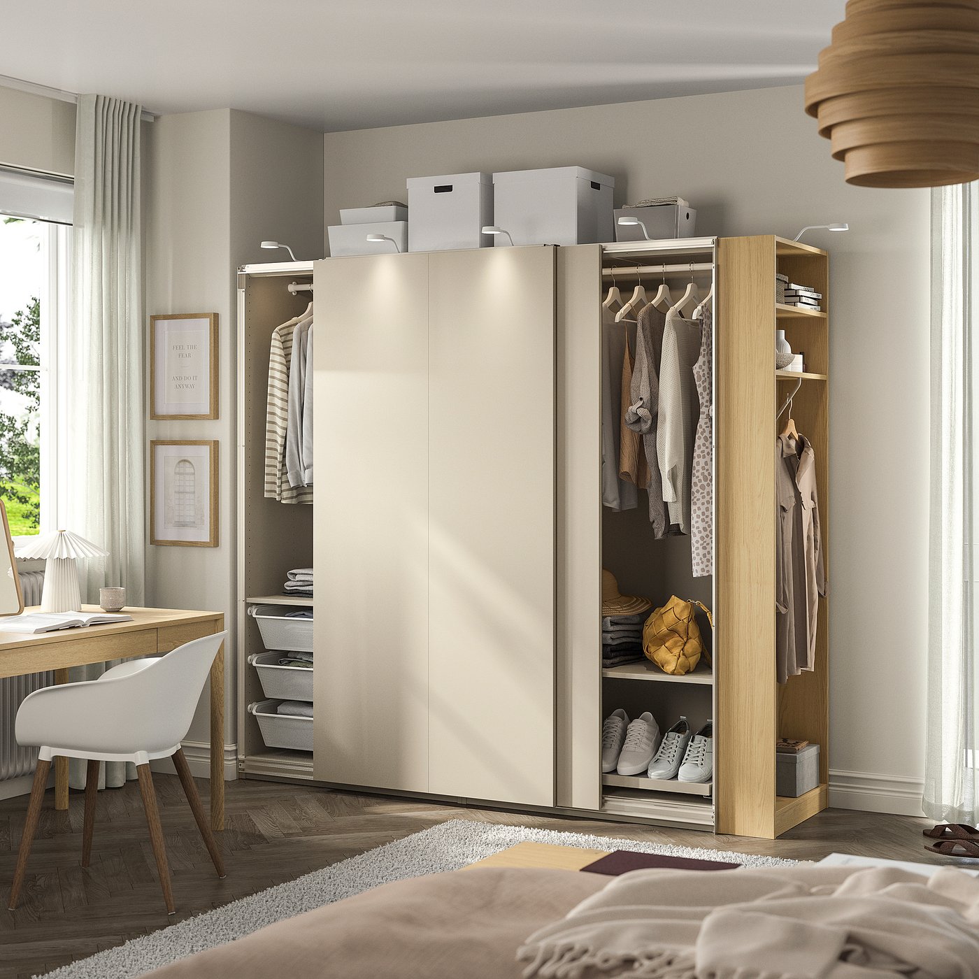 Thumbnail - IKEA PAX / HASVIK Kleiderschrank mit Schiebetüren graubeige graubeige/Eichenachbildung 220x66x201 cm
