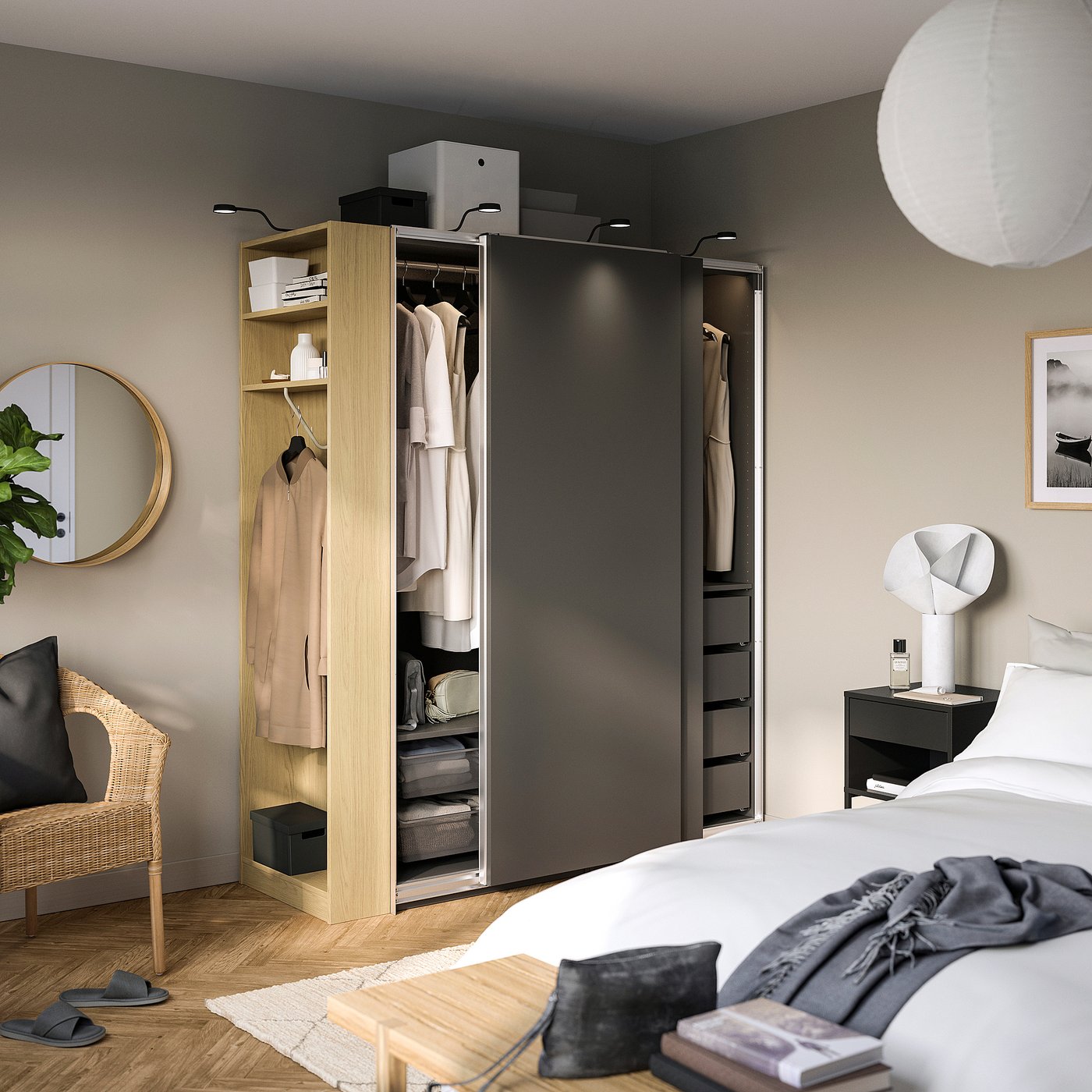Thumbnail - IKEA PAX / HASVIK Schrankkombination dunkelgrau dunkelgrau/Eichenachbildung 170x66x201 cm
