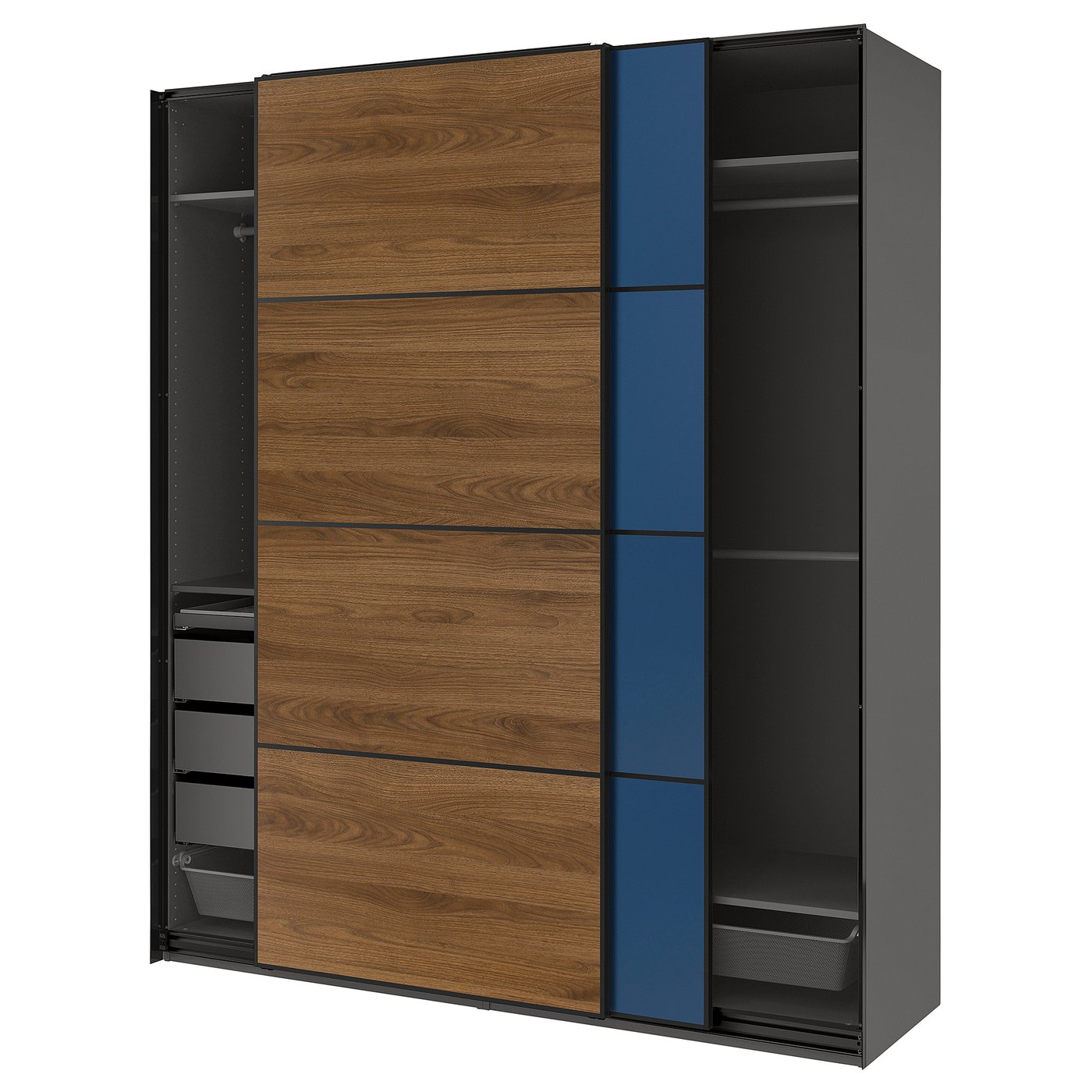 IKEA PAX / MEHAMN/AULI Kleiderschrank mit Schiebetüren dunkelgrau schwarz/doppelseitig Nussbaum 200x66x236 cm