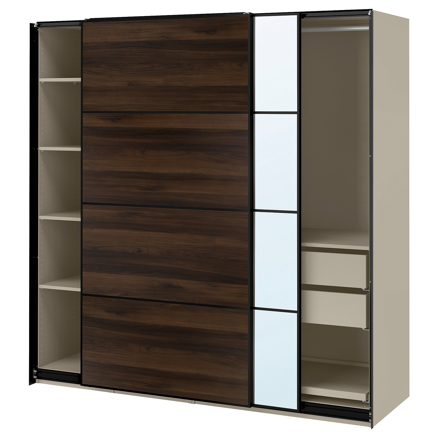 IKEA PAX / MEHAMN/AULI Kleiderschrank mit Schiebetüren graubeige schwarz/Eichenachbildung dunkelbraun Spiegelglas 200x66...