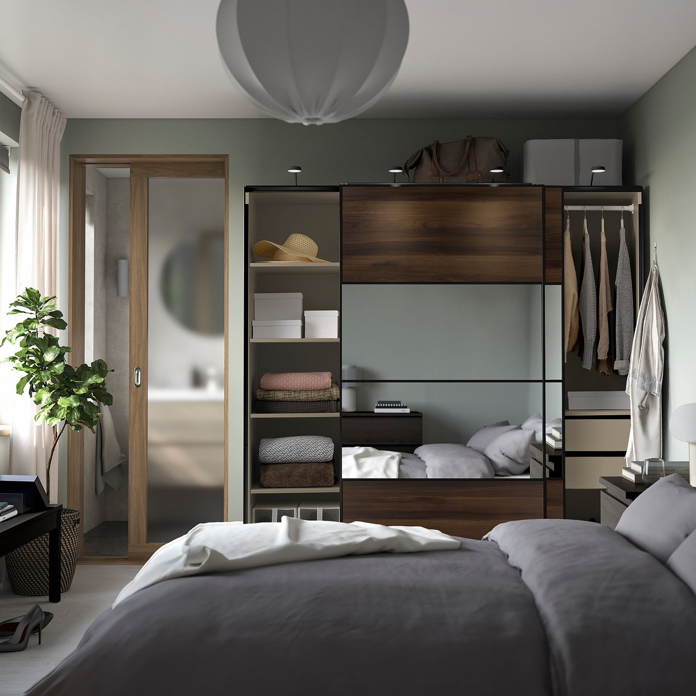 Thumbnail - IKEA PAX / MEHAMN/AULI Kleiderschrank mit Schiebetüren graubeige schwarz/Eichenachbildung dunkelbraun Spiegelglas 200x66...