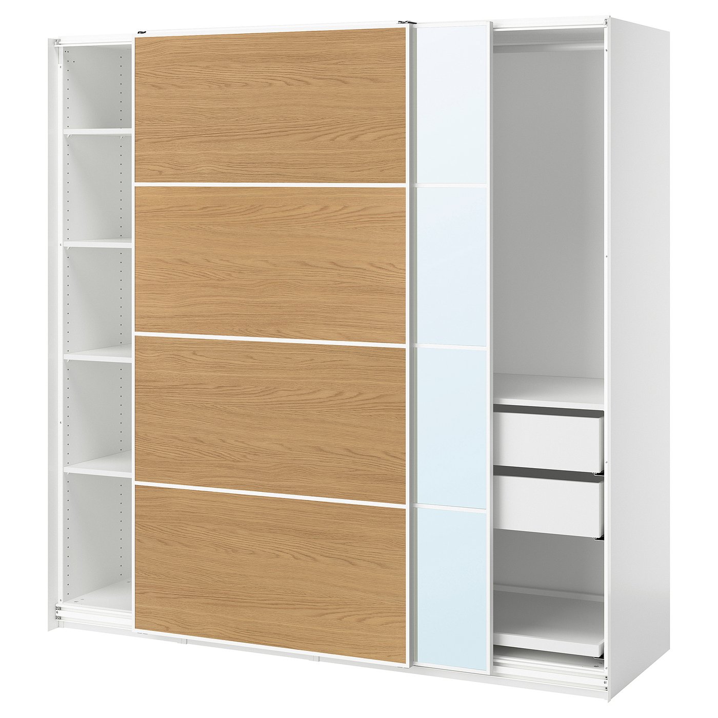 IKEA PAX / MEHAMN/AULI Kleiderschrank mit Schiebetüren weiß weiß/Eichenachbildung Spiegelglas 200x66x201 cm