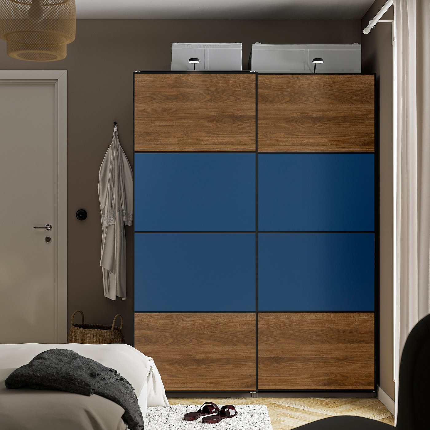 Thumbnail - IKEA PAX / MEHAMN Kleiderschrank mit Schiebetüren dunkelgrau schwarz/Nussbaum blau 150x66x201 cm