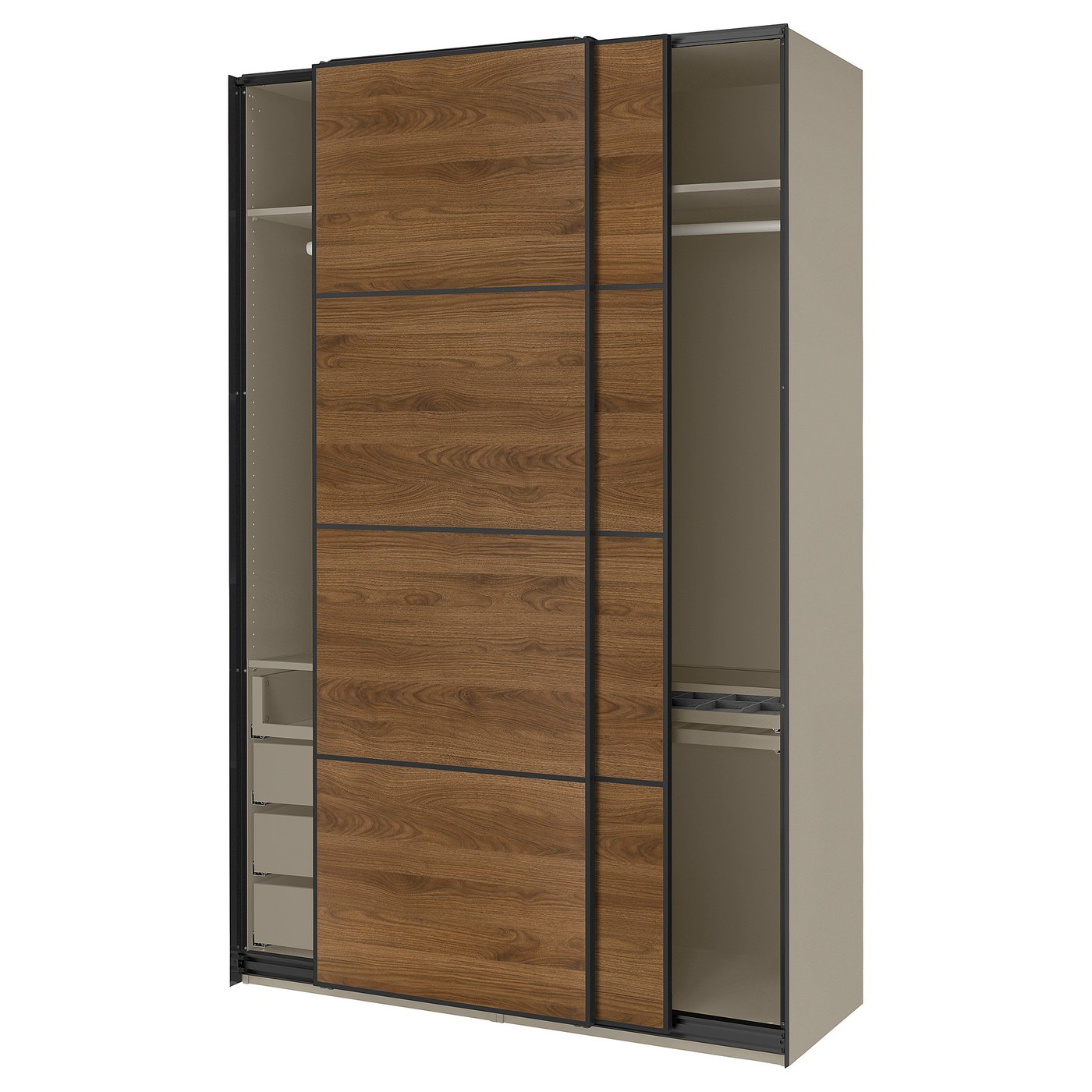 IKEA PAX / MEHAMN Kleiderschrank mit Schiebetüren graubeige schwarz/doppelseitig Nussbaum 150x66x236 cm