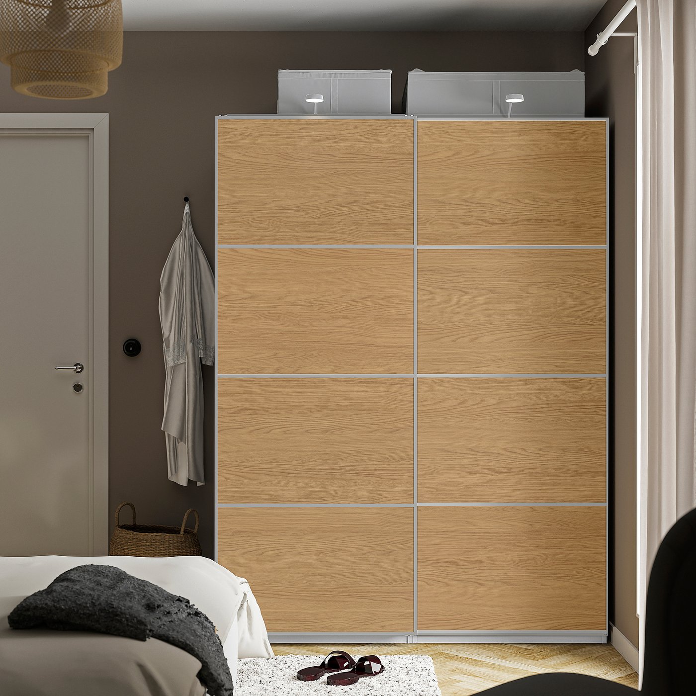 Thumbnail - IKEA PAX / MEHAMN Kleiderschrank mit Schiebetüren weiß Aluminium/doppelseitig Eichenachbildung 150x66x201 cm