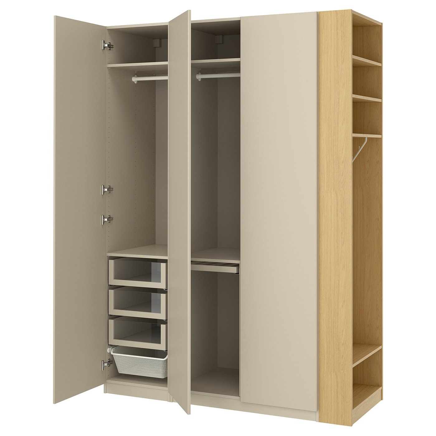 IKEA PAX / REINSVOLL Schrankkombination graubeige graubeige/Eichenachbildung 170x60x236 cm