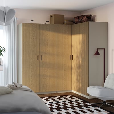 PAX / TONSTAD Eckkleiderschrank, graubeige/graubeige Eichenfurnier, 231/161x201 cm