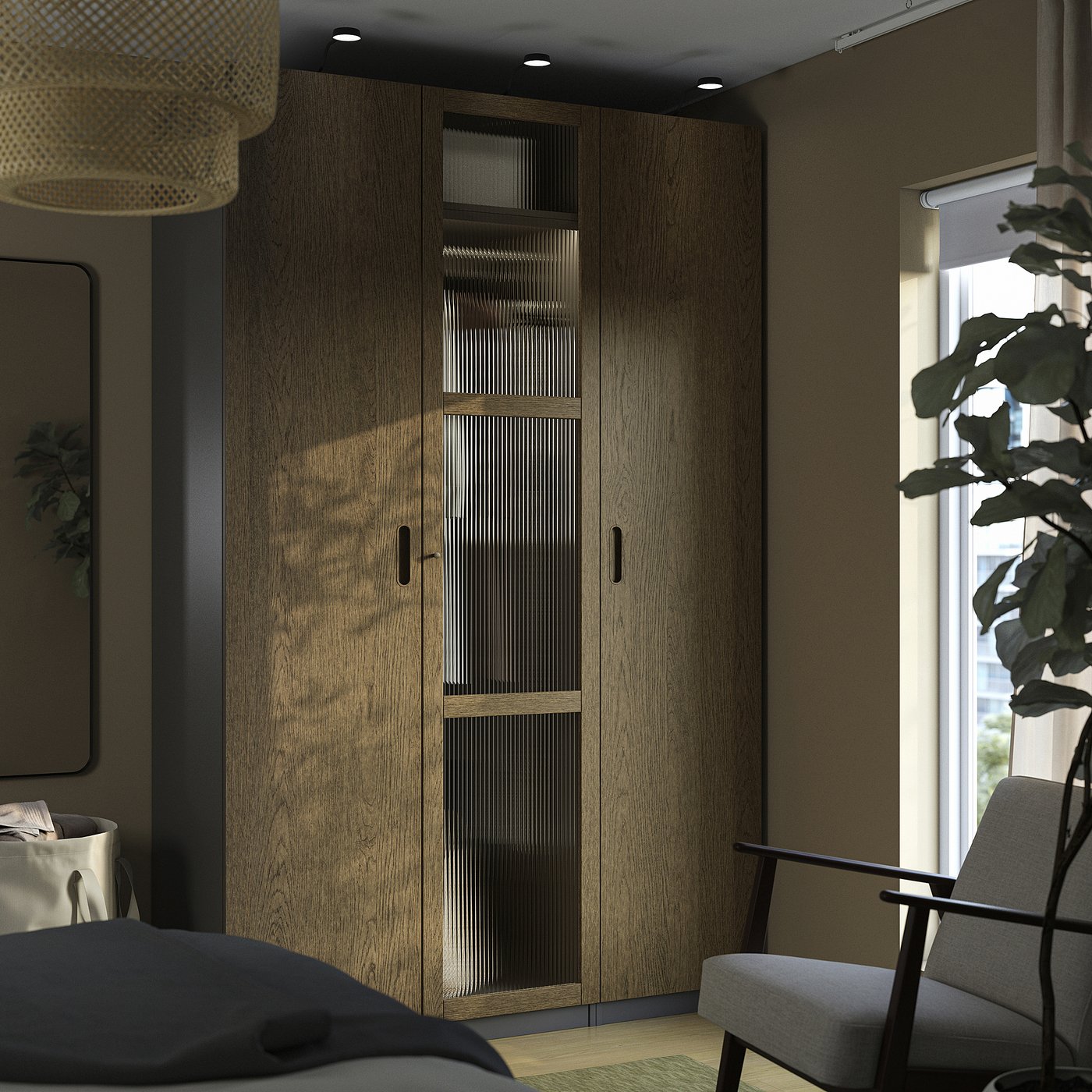 Thumbnail - IKEA PAX / TONSTAD Schrankkombination dunkelgrau braun/gebeiztes Eichenfurnier Glas 150x60x236 cm