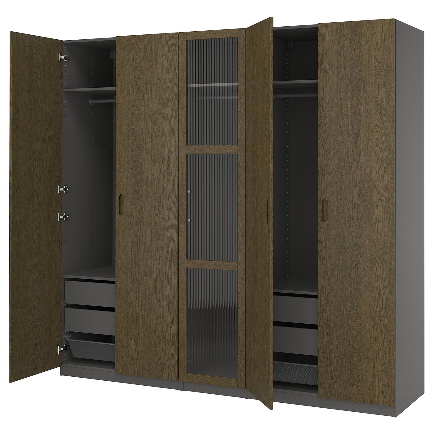 IKEA PAX / TONSTAD Schrankkombination dunkelgrau braun/gebeiztes Eichenfurnier Glas 250x60x236 cm