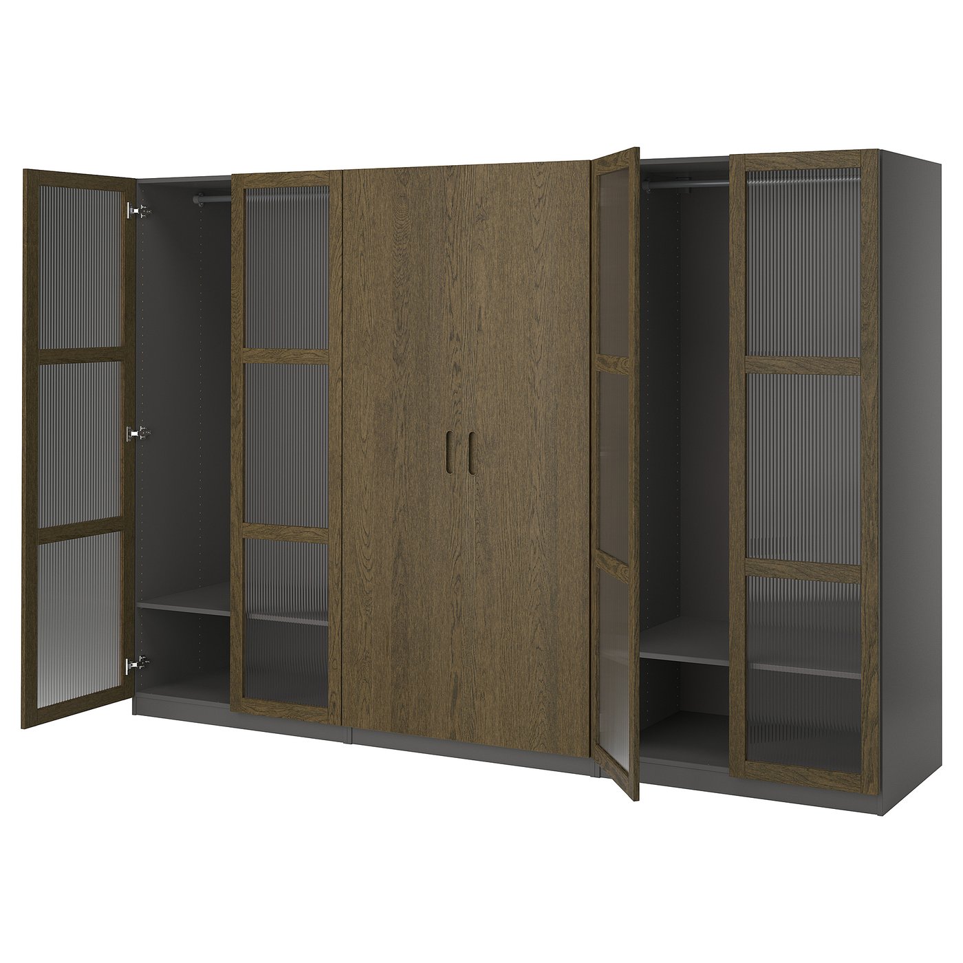 IKEA PAX / TONSTAD Schrankkombination dunkelgrau braun/gebeiztes Eichenfurnier Glas 300x60x201 cm
