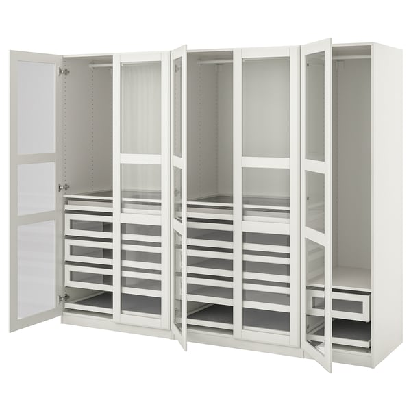 Weißer PAX-Kleiderschrank mit Glastüren, mehreren Schubladen und Regalen. Modernes Design für organisierte Aufbewahrung.
