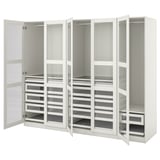 Weißer PAX-Kleiderschrank mit Glastüren, mehreren Schubladen und Regalen. Modernes Design für organisierte Aufbewahrung.
