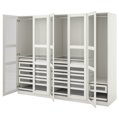 Weißer PAX-Kleiderschrank mit Glastüren, mehreren Schubladen und Regalen. Modernes Design für organisierte Aufbewahrung.