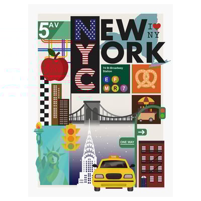 Wandkunst zum Thema New York mit Freiheitsstatue, Taxi, Gebäuden, Apfel, Brezel, Brücke, U-Bahn-Schild. Leuchtende Farben auf Leinwand.