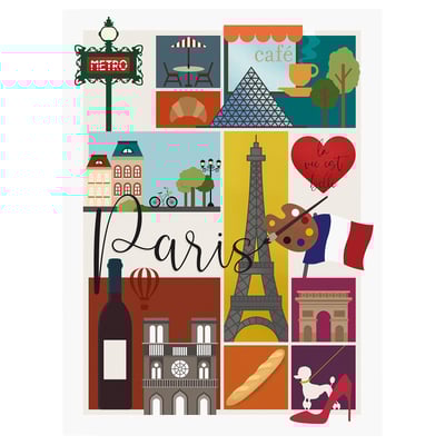 Paris-Poster mit Eiffelturm, Cafés und Croissants.
