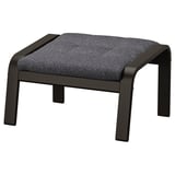 Fußhocker aus schwarzem Metall in Grau mit Stoffbezug und geschwungenen Beinen.